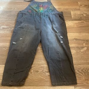 Black Distressed Denim Bibs Artsy Oversize Baggy Slouchy Wide Leg Crop Overalls